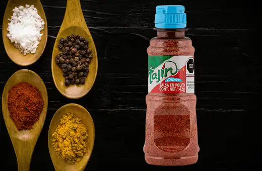 Tajín is a Mexican seasoning that is typically made with chili peppers, lime, and salt.